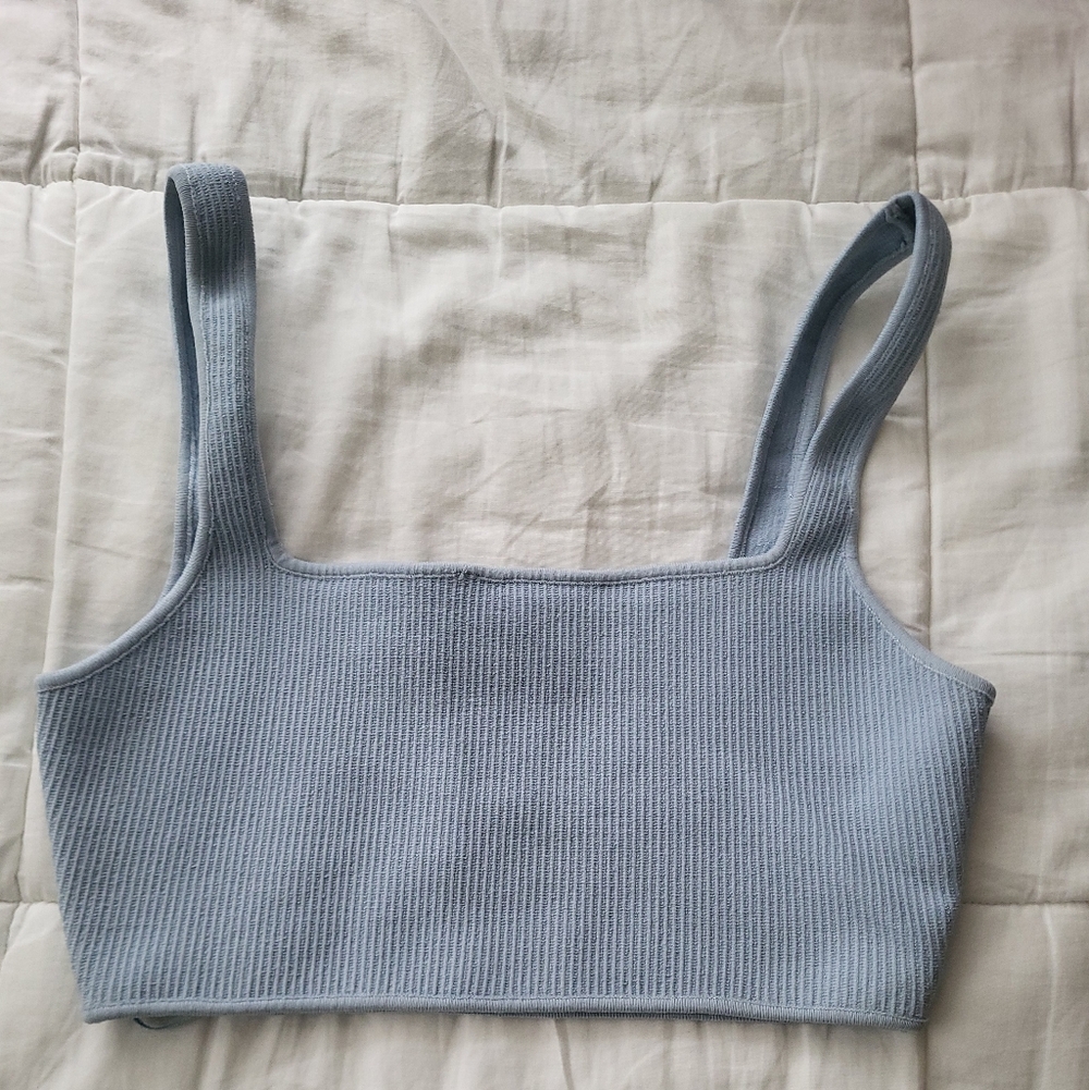 Light Blue Ribbed Square Neck Crop Top, XS